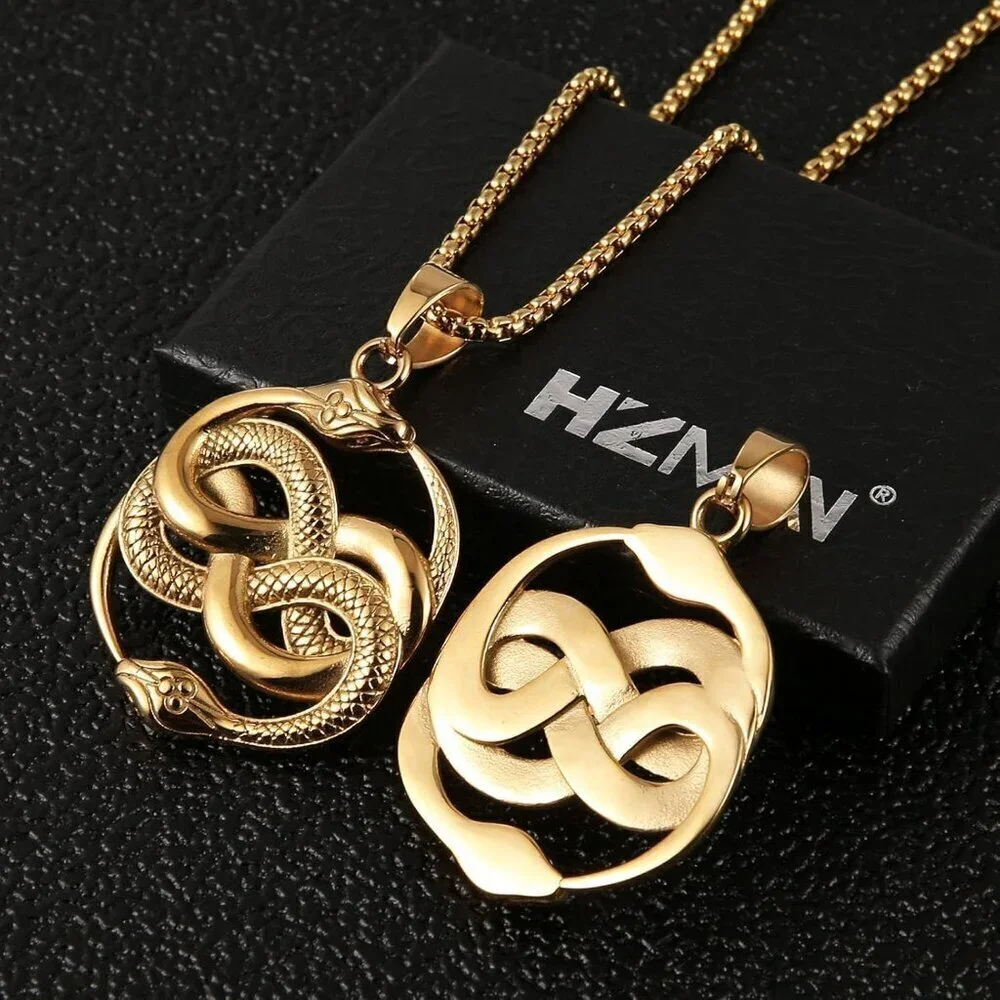 Mens End to End Gold Snake Gothic Stainless Steel Snake Pendant Jewelry Chain